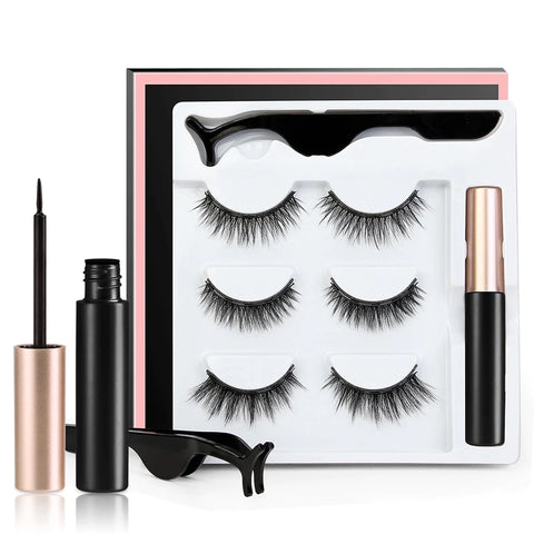 3 Pairs Magnetic Eyelash With Magnetic Liquid Eyeliner & Tweezer Eyelash